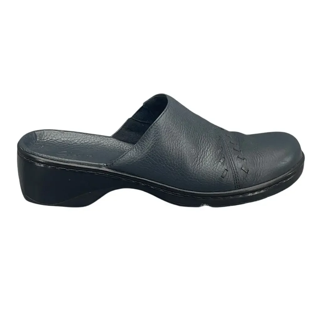 Clarks Navy Blue Leather Slip On Comfort Slide Clog Mule Shoe Women 8M